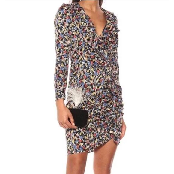 Veronica Beard Minna Silk Floral Abstract Sz 8 Long Sleeve Dress Ruched V-Neck - Picture 1 of 13